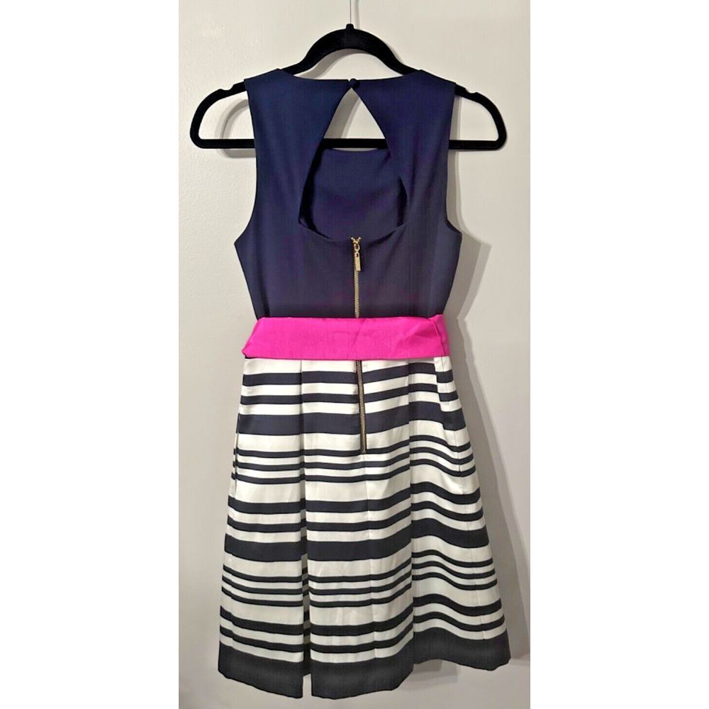 Eliza J Women's Fit & Flare Dress with Pink Belt Navy and White, Sz 6 Party - Picture 2 of 9